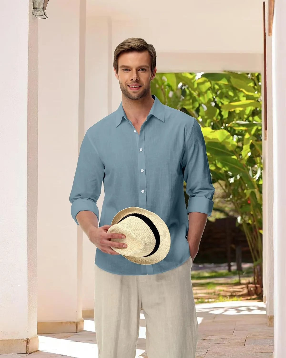 Linen Shirts for Men Casual Button Down Long Sleeve Shirt Solid Summer Beach Hawaiian Shirts