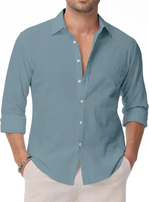 Linen Shirts for Men Casual Button Down Long Sleeve Shirt Solid Summer Beach Hawaiian Shirts