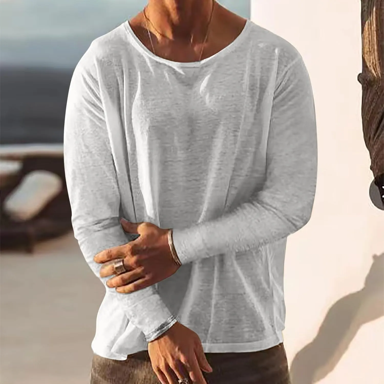 Linen Shirts for Men Long Sleeve Solid Lightweight Crew Neck Casual Shirts Summer Fashion Beach Pullover Tops