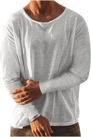 Linen Shirts for Men Long Sleeve Solid Lightweight Crew Neck Casual Shirts Summer Fashion Beach Pullover Tops