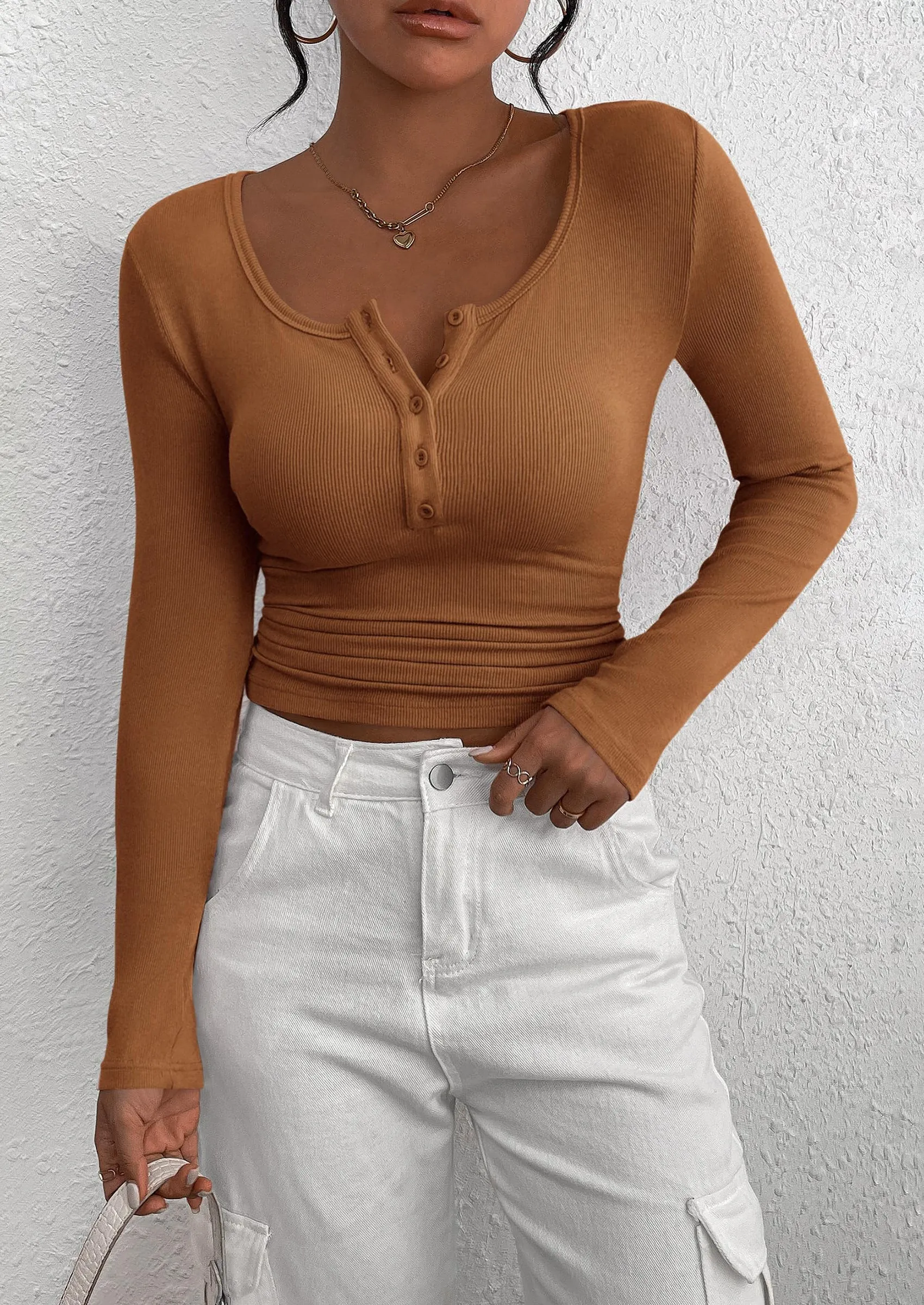 Long Sleeve Henley Button Down Ribbed Knit Slim Fit Casual T-shirts