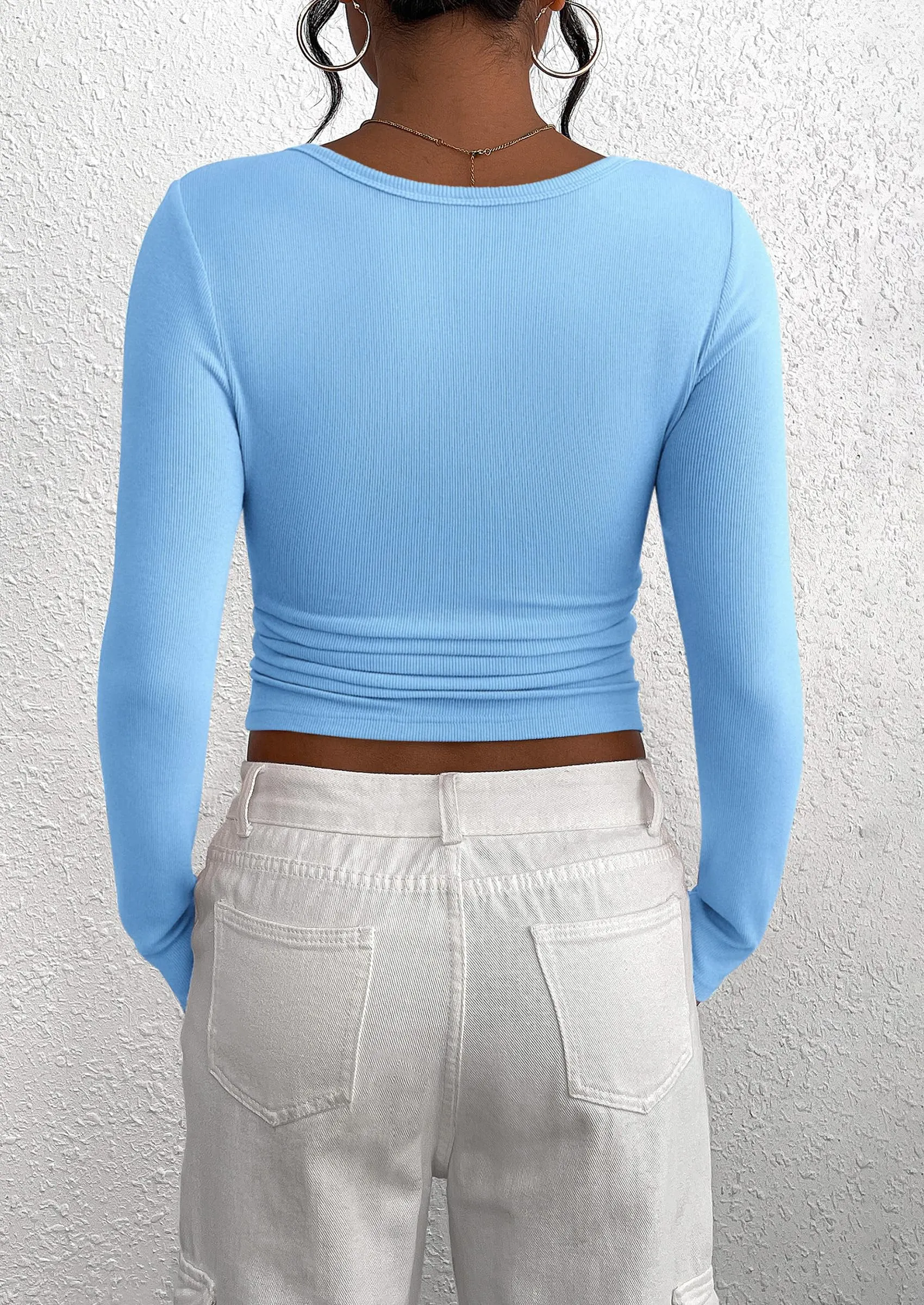 Long Sleeve Henley Button Down Ribbed Knit Slim Fit Casual T-shirts