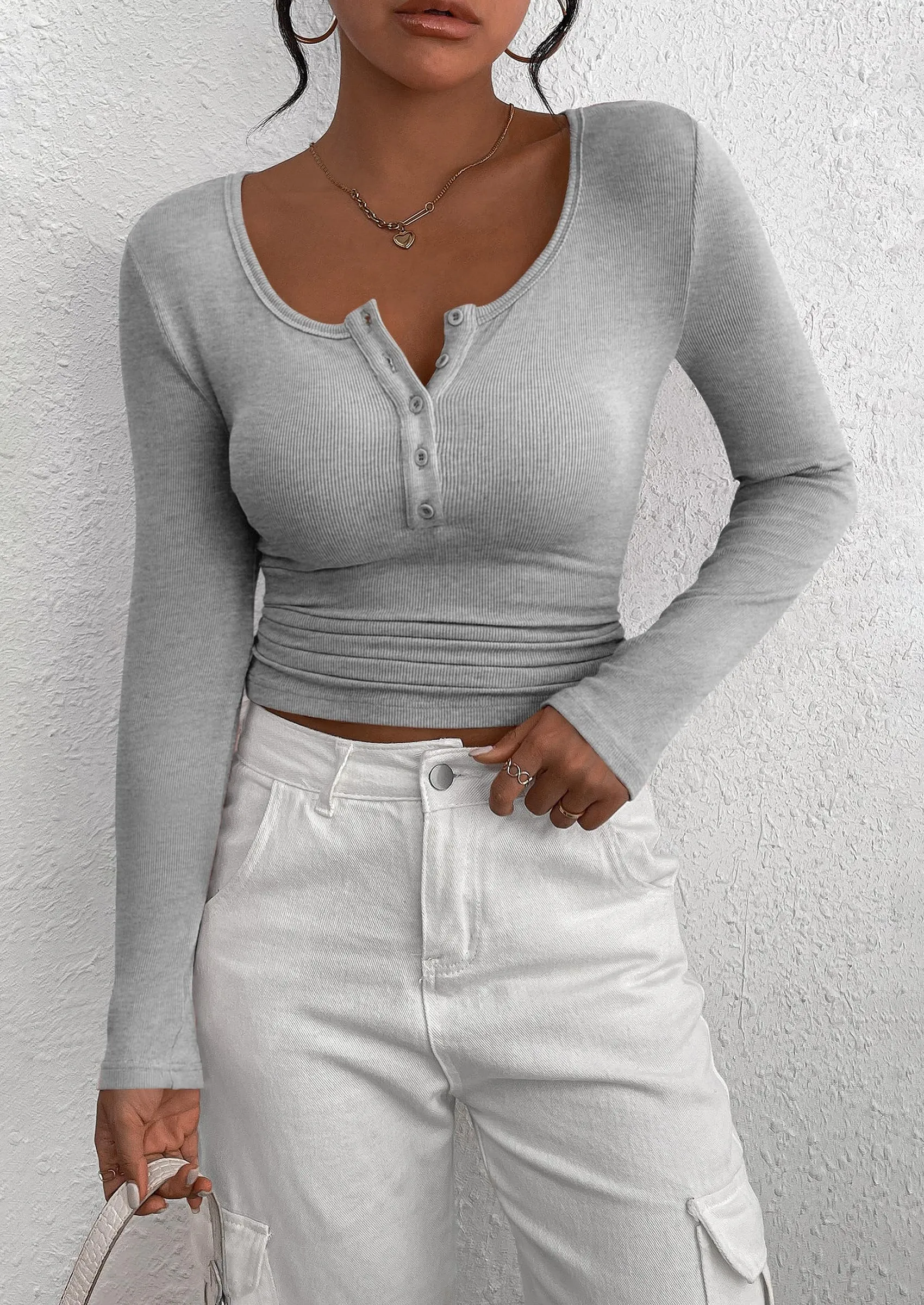 Long Sleeve Henley Button Down Ribbed Knit Slim Fit Casual T-shirts