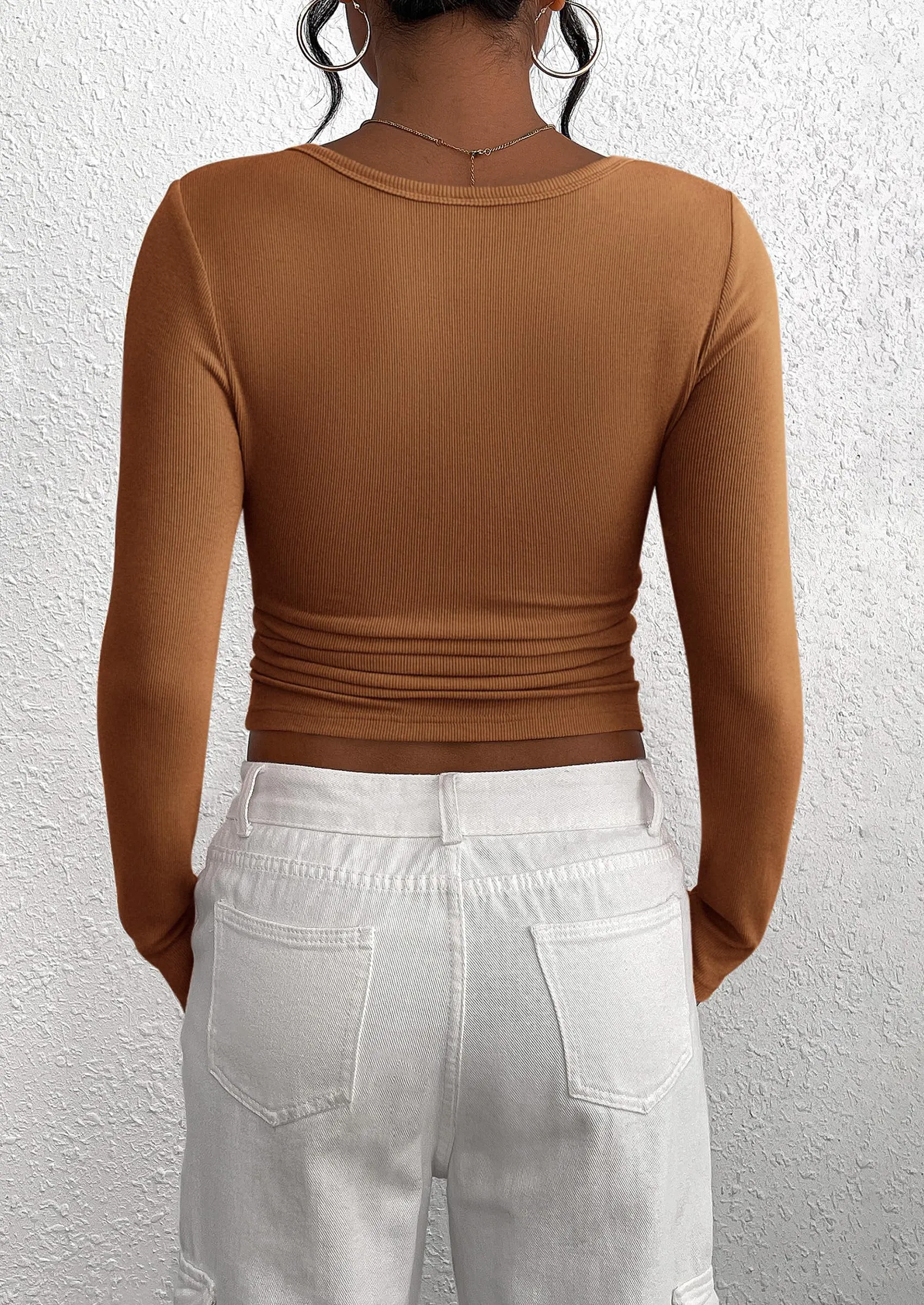Long Sleeve Henley Button Down Ribbed Knit Slim Fit Casual T-shirts