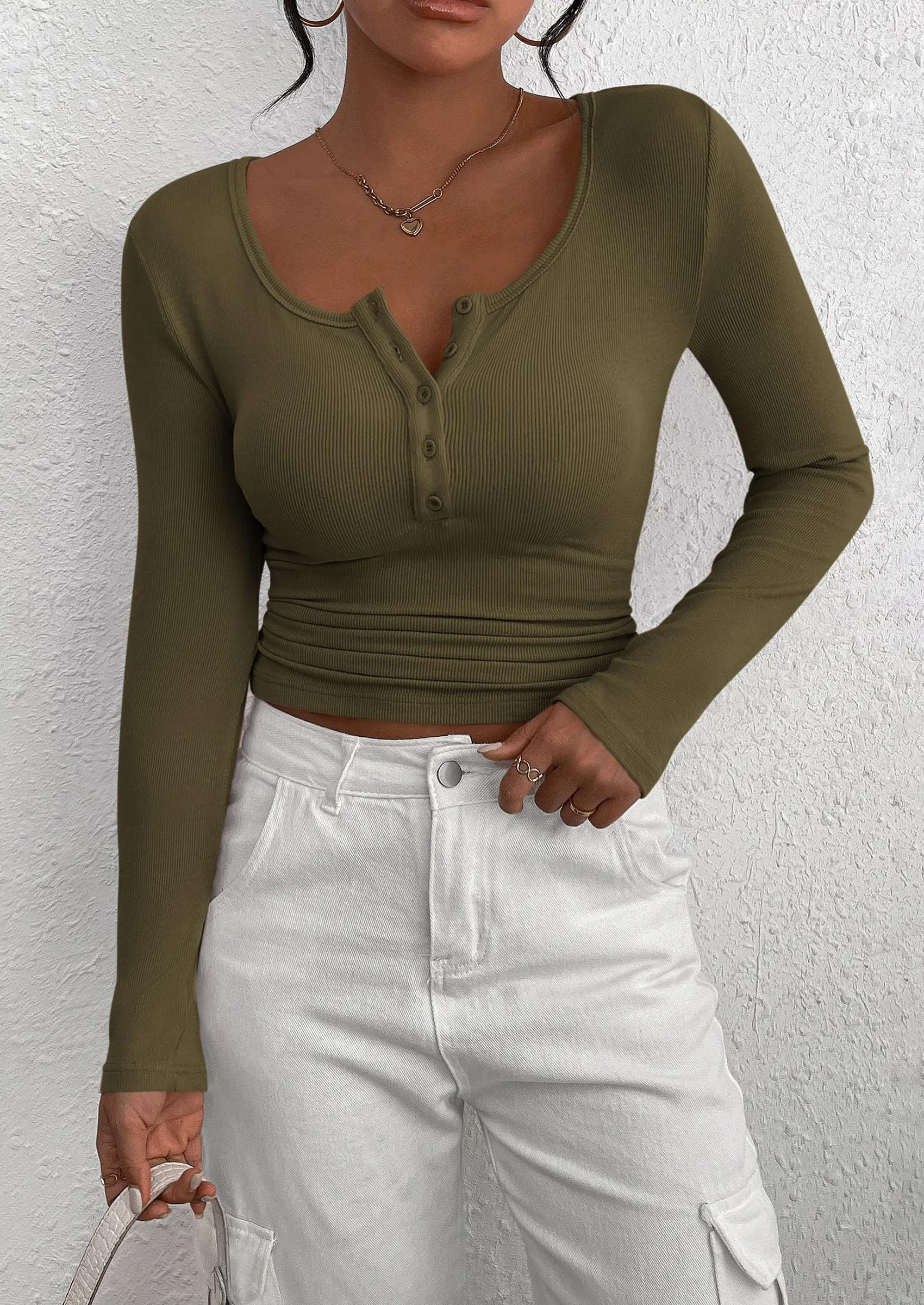 Long Sleeve Henley Button Down Ribbed Knit Slim Fit Casual T-shirts