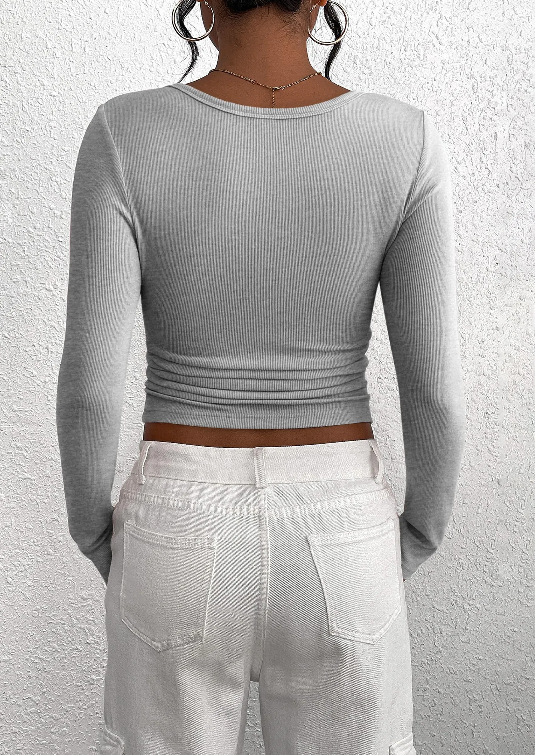 Long Sleeve Henley Button Down Ribbed Knit Slim Fit Casual T-shirts