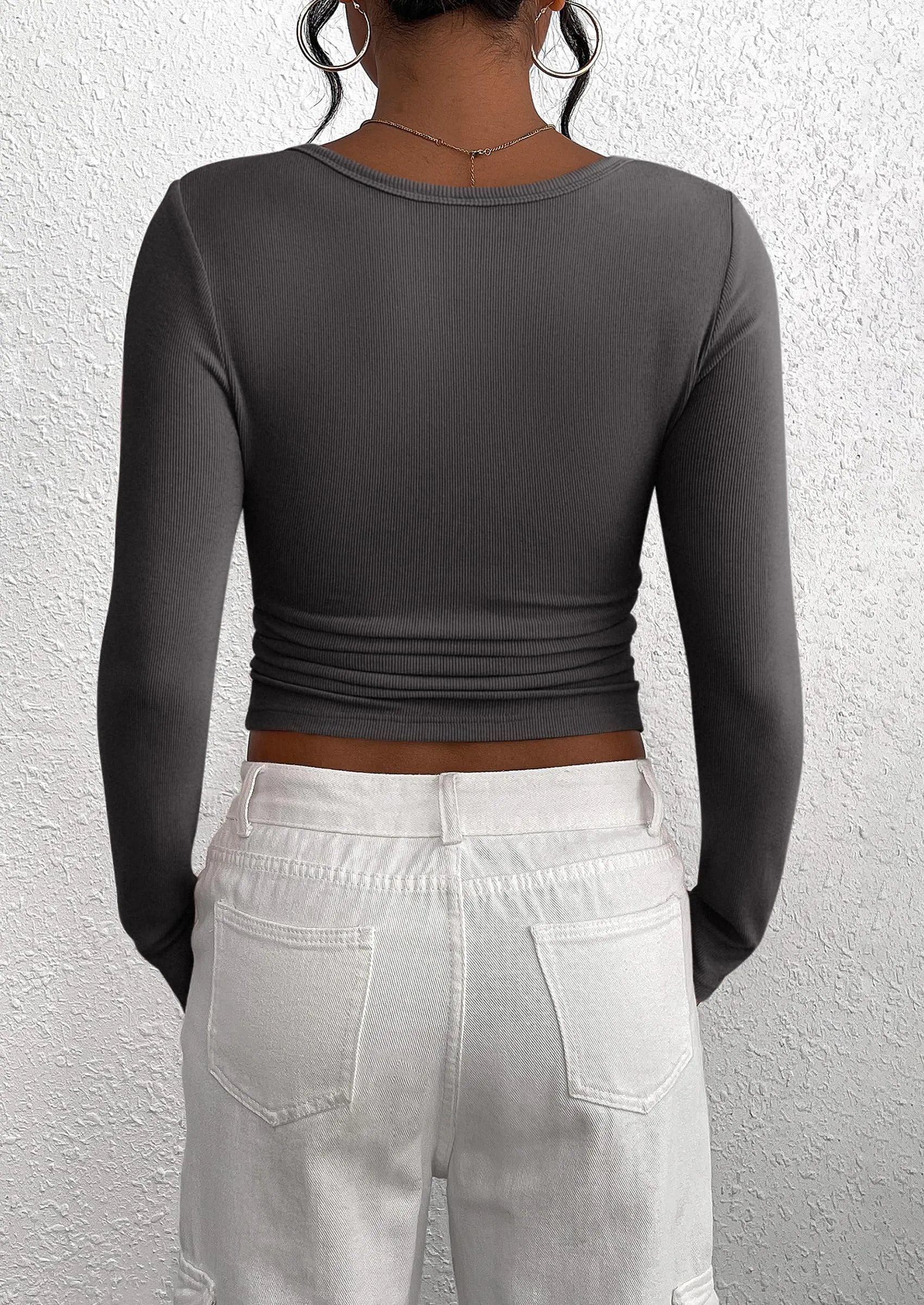 Long Sleeve Henley Button Down Ribbed Knit Slim Fit Casual T-shirts
