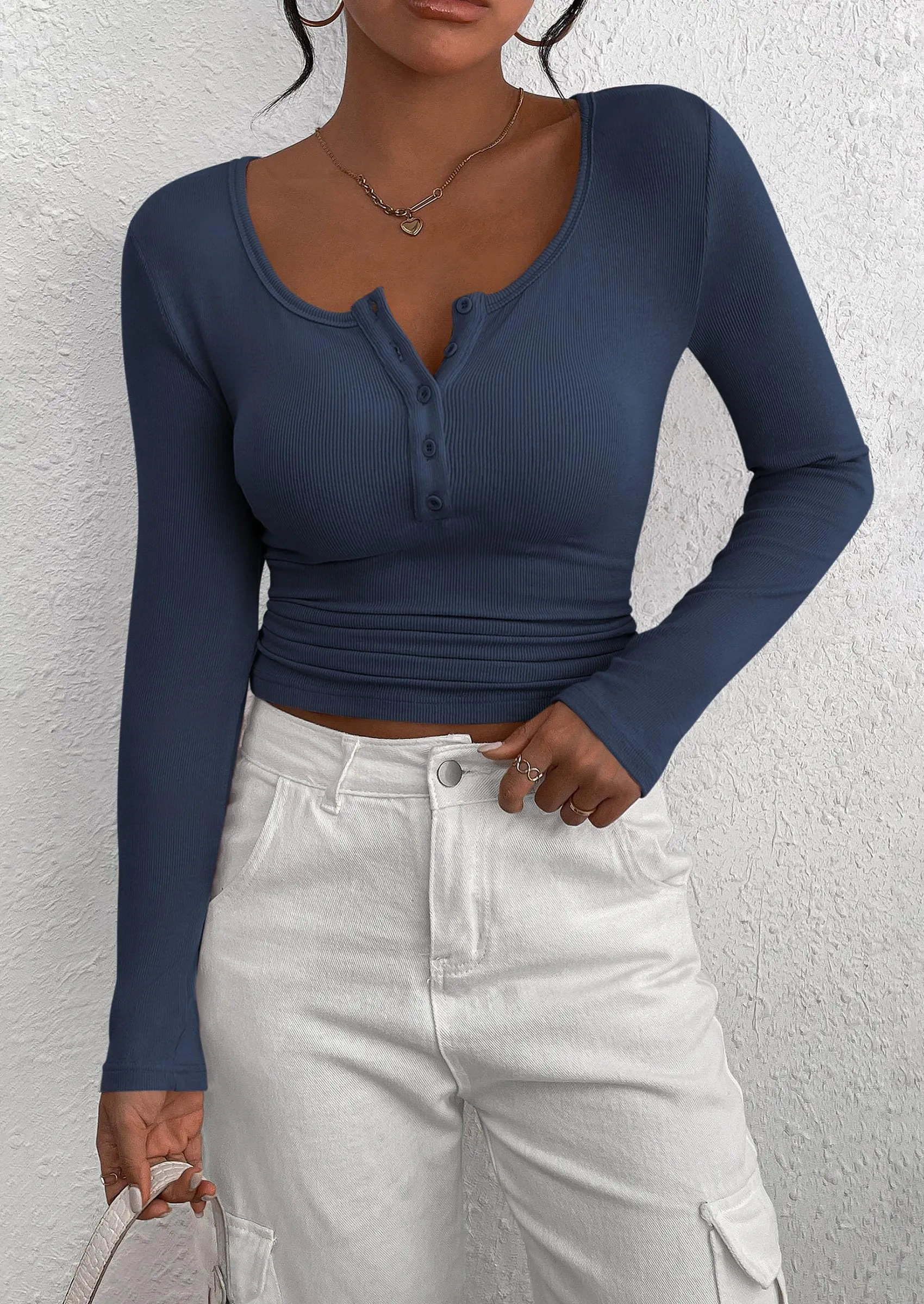 Long Sleeve Henley Button Down Ribbed Knit Slim Fit Casual T-shirts