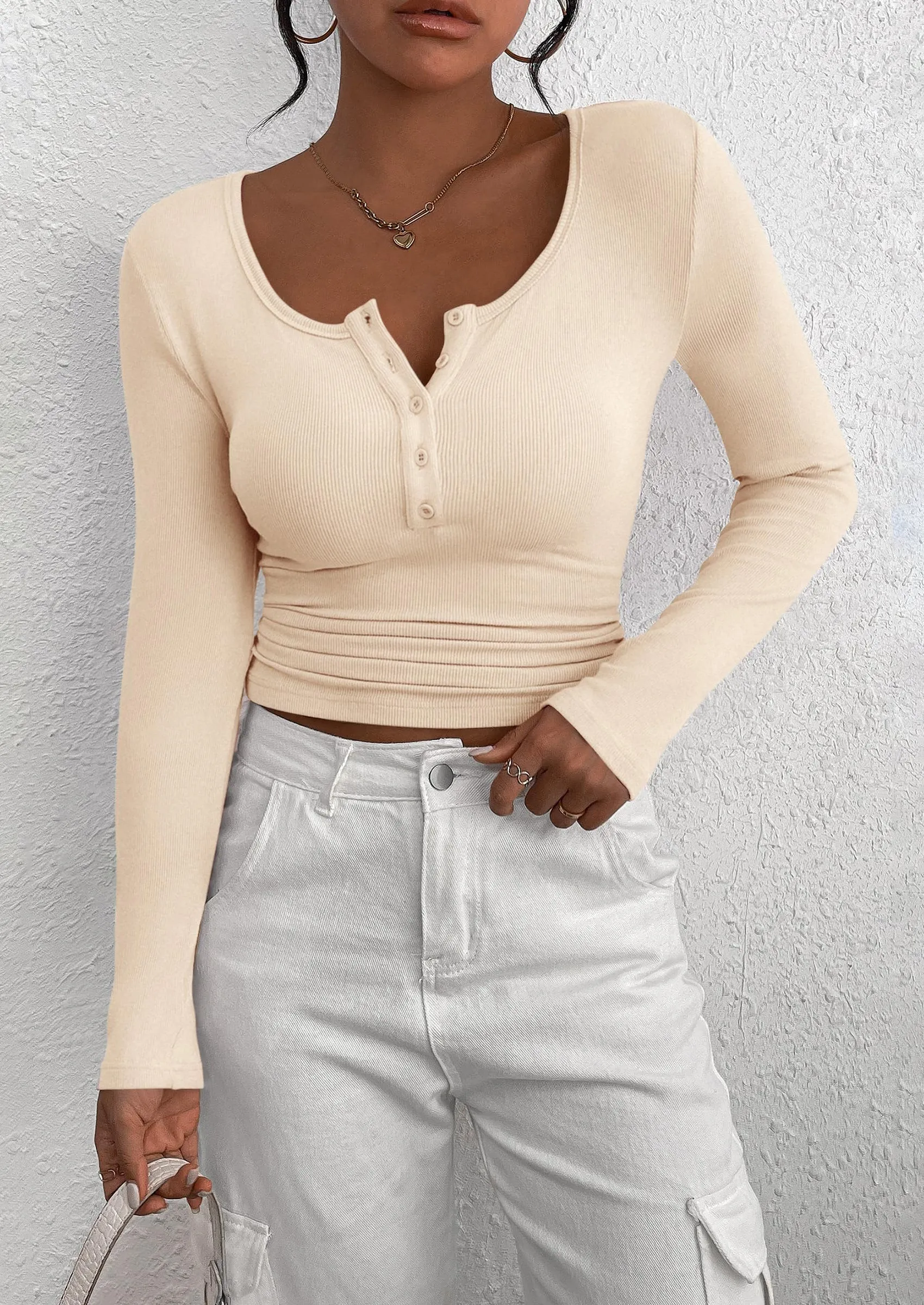 Long Sleeve Henley Button Down Ribbed Knit Slim Fit Casual T-shirts