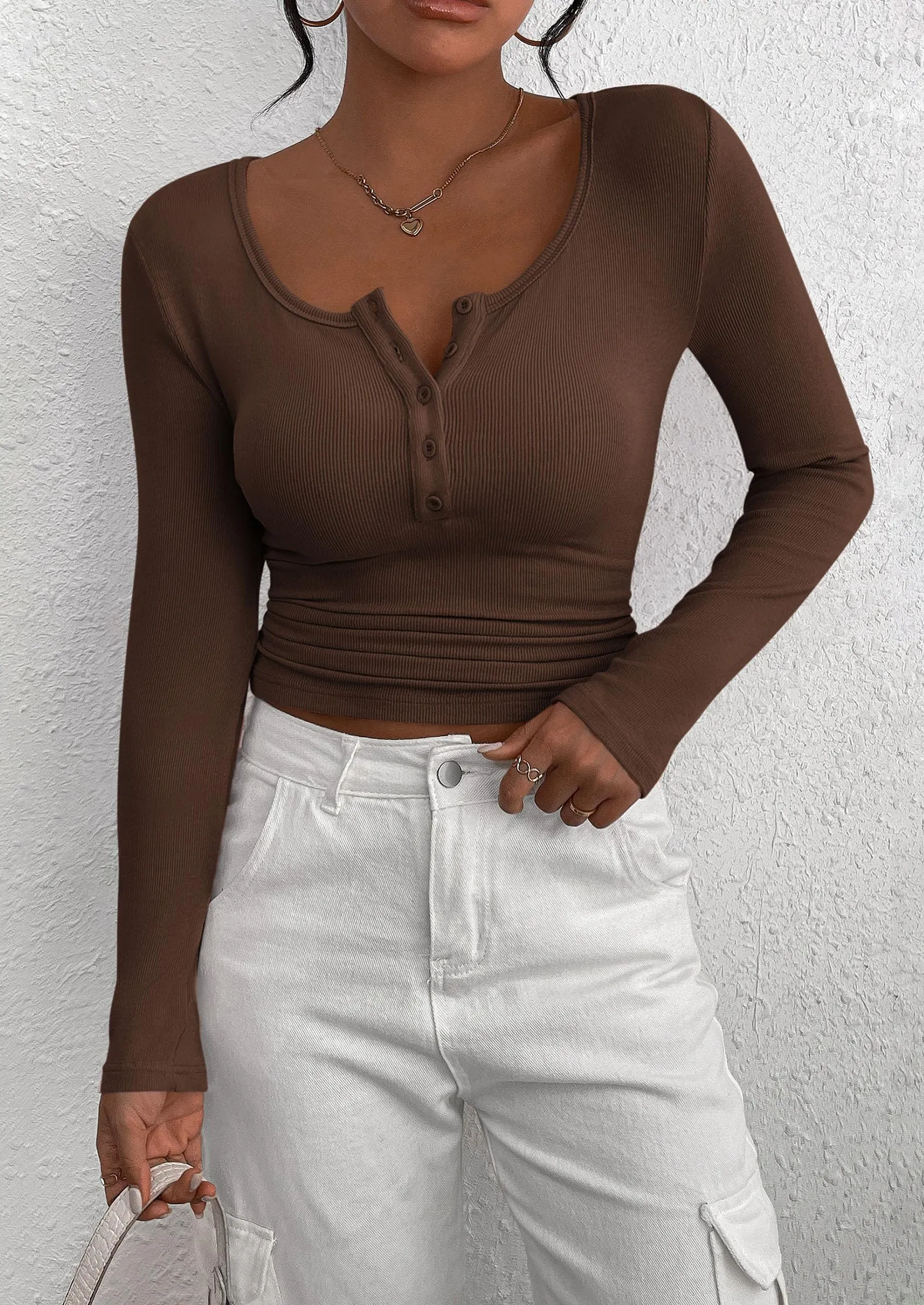 Long Sleeve Henley Button Down Ribbed Knit Slim Fit Casual T-shirts