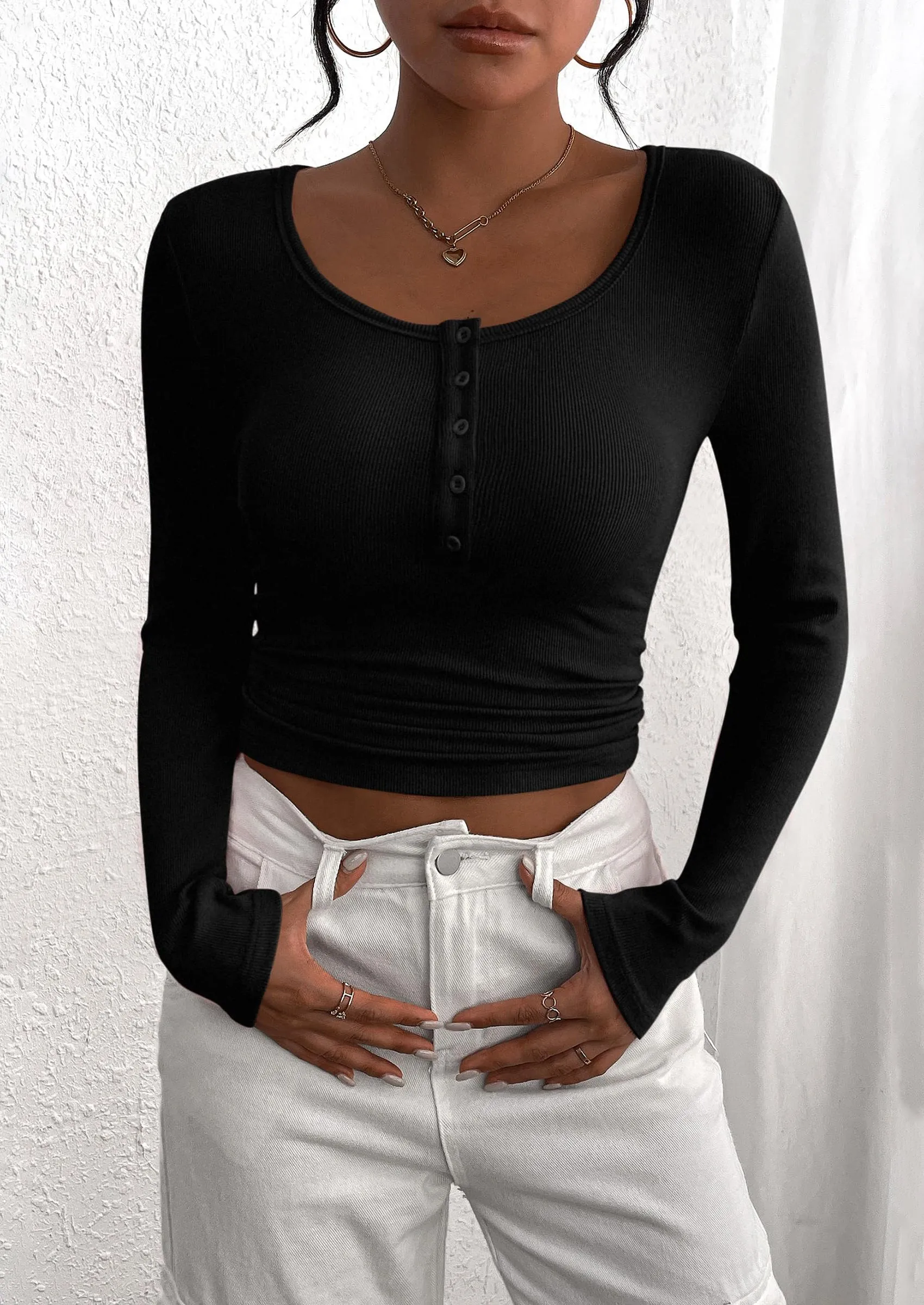 Long Sleeve Henley Button Down Ribbed Knit Slim Fit Casual T-shirts
