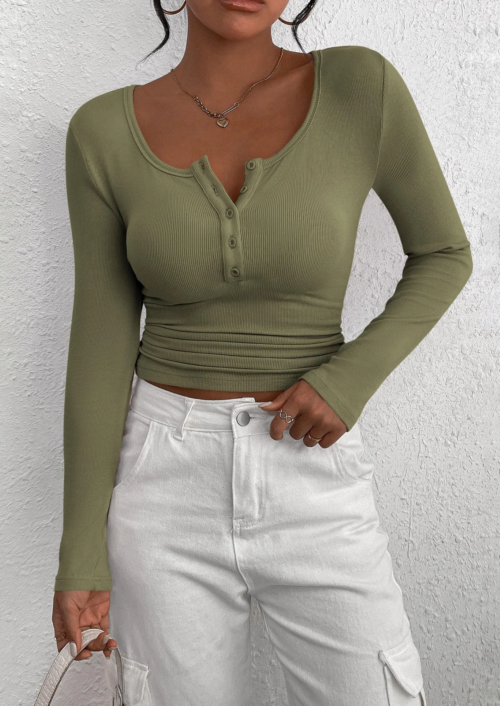 Long Sleeve Henley Button Down Ribbed Knit Slim Fit Casual T-shirts