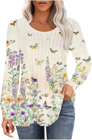 Long Sleeve Shirts for Women Crew Neck Pleated Tunic Blouses Daily Comfy Casual Basic Tees Fall Trendy Tops