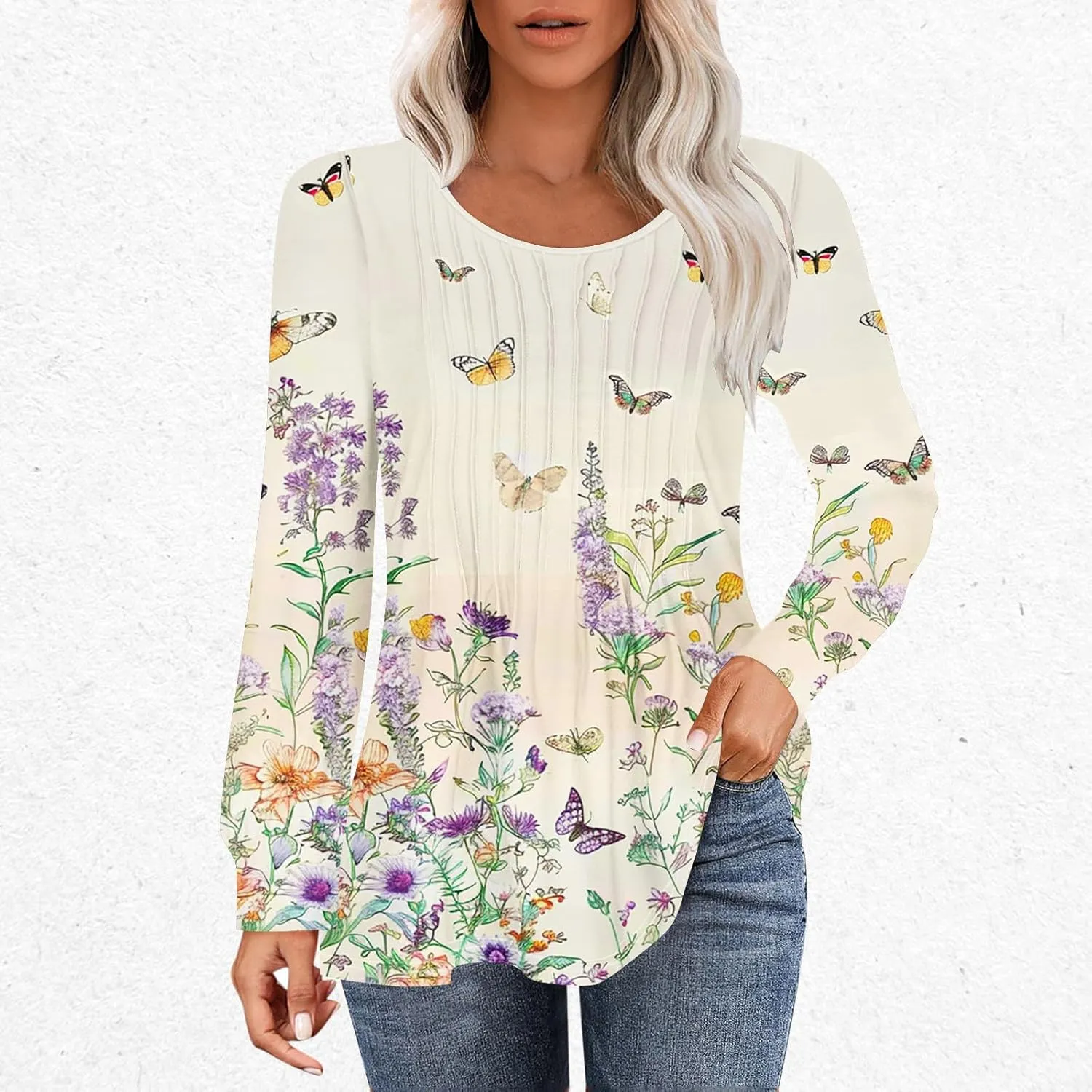 Long Sleeve Shirts for Women Crew Neck Pleated Tunic Blouses Daily Comfy Casual Basic Tees Fall Trendy Tops