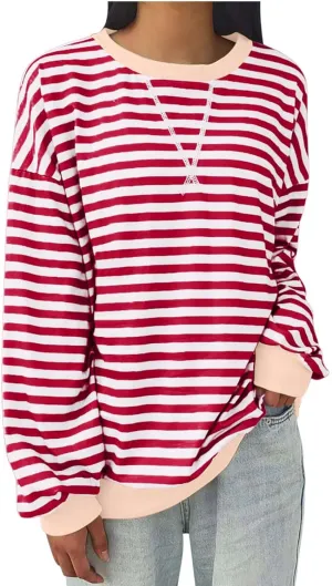 Long Sleeve Sweatshirt for Women Stripe Color Block Sweatshirt Casual Oversized Sweatshirt Crew Neck Pullover