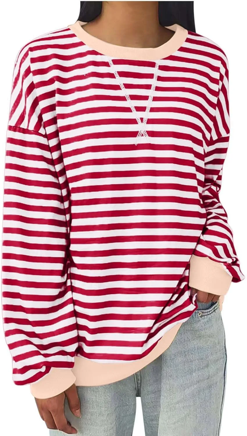 Long Sleeve Sweatshirt for Women Stripe Color Block Sweatshirt Casual Oversized Sweatshirt Crew Neck Pullover