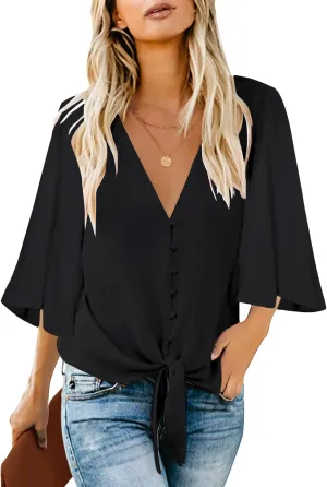 luvamia Women's Casual V Neck Tops 3/4 Sleeve Tie Knot Blouses Solid Button Down Shirts