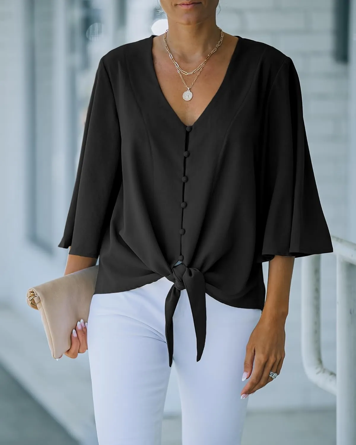 luvamia Women's Casual V Neck Tops 3/4 Sleeve Tie Knot Blouses Solid Button Down Shirts