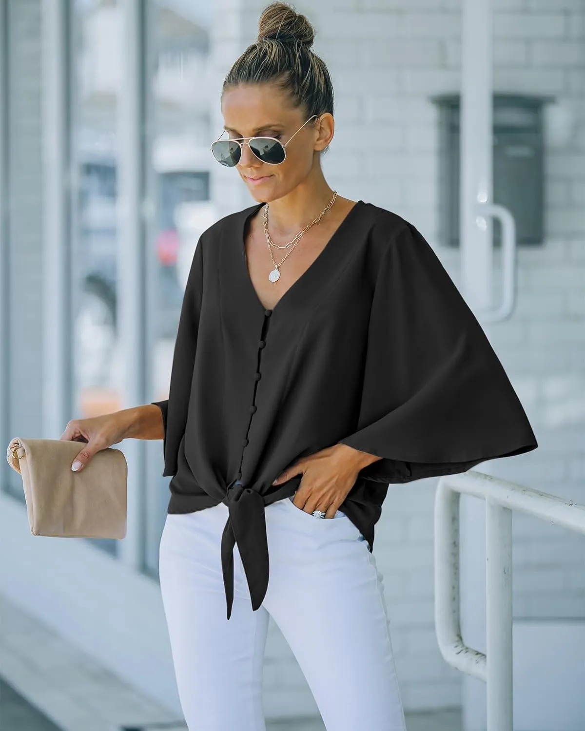 luvamia Women's Casual V Neck Tops 3/4 Sleeve Tie Knot Blouses Solid Button Down Shirts