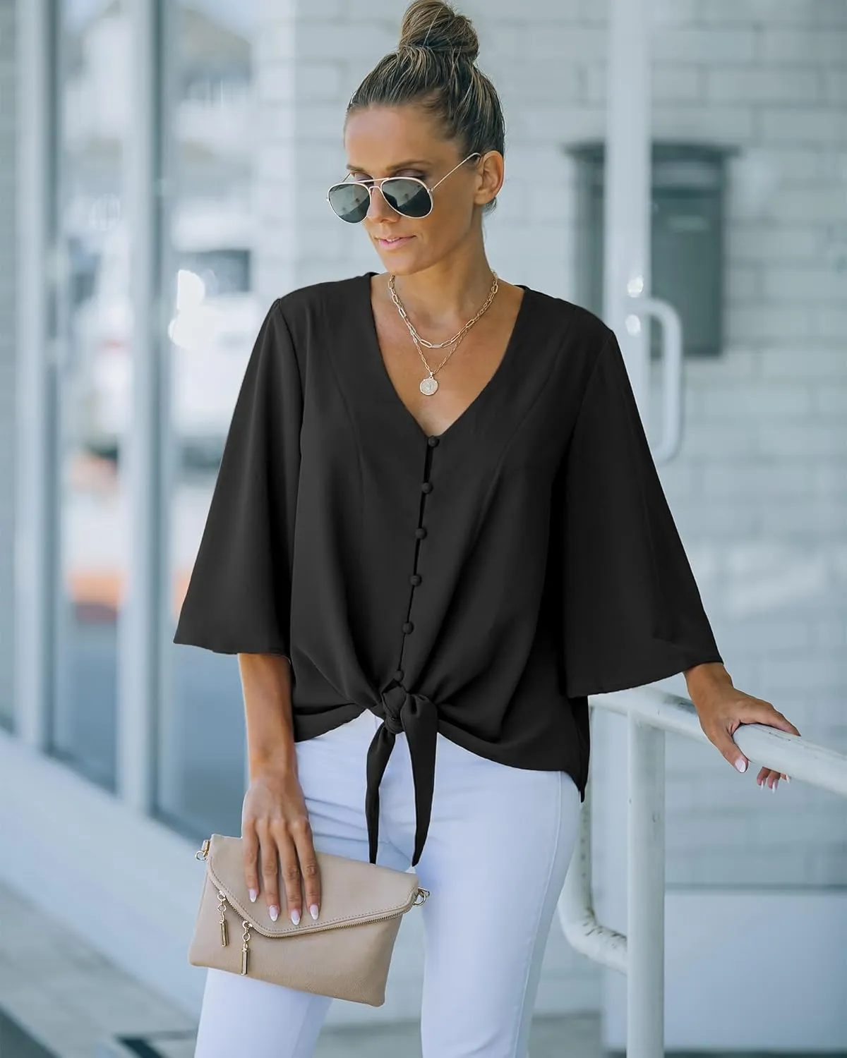 luvamia Women's Casual V Neck Tops 3/4 Sleeve Tie Knot Blouses Solid Button Down Shirts