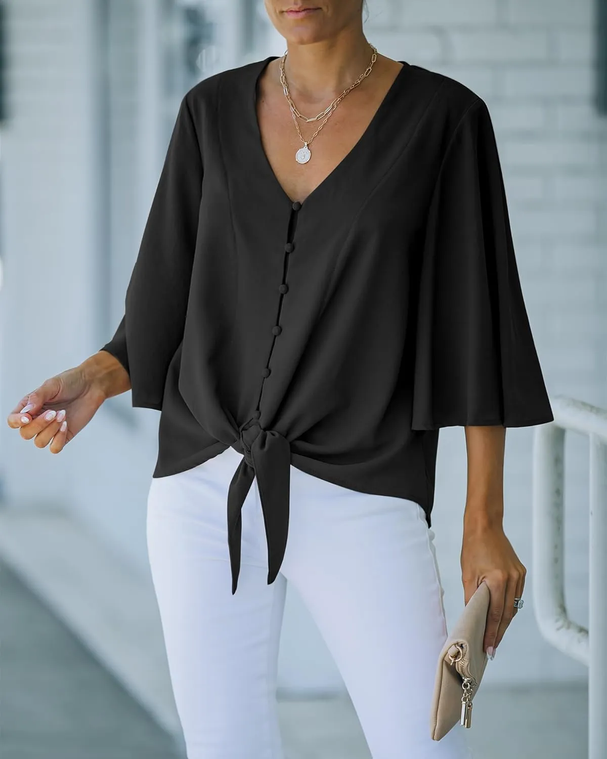 luvamia Women's Casual V Neck Tops 3/4 Sleeve Tie Knot Blouses Solid Button Down Shirts