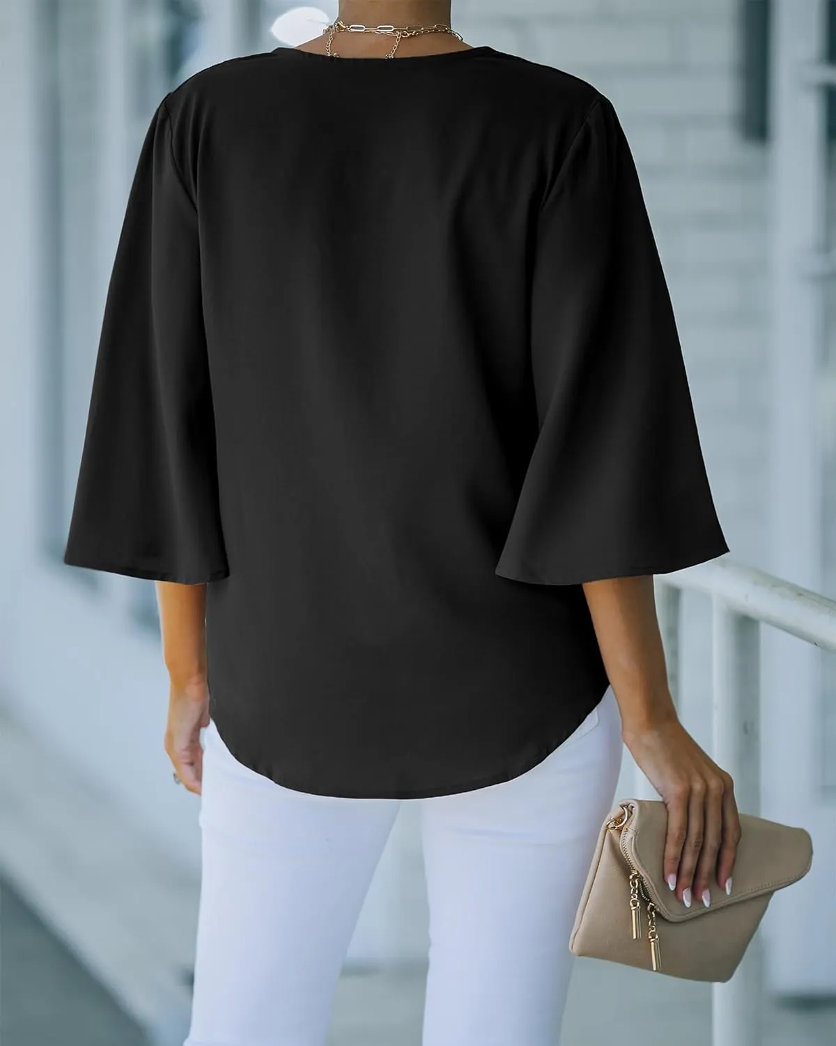 luvamia Women's Casual V Neck Tops 3/4 Sleeve Tie Knot Blouses Solid Button Down Shirts