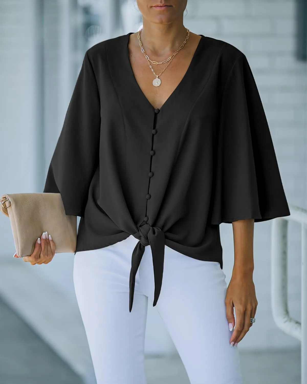 luvamia Women's Casual V Neck Tops 3/4 Sleeve Tie Knot Blouses Solid Button Down Shirts
