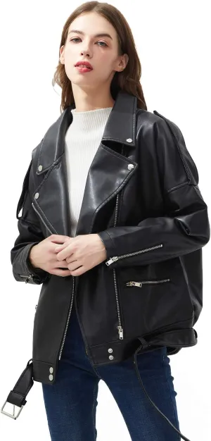 LY VAREY LIN Women Black Faux Leather Jackets Zipper Casual Short Coat Turn-down Collar Motor Biker Jacket with Belt