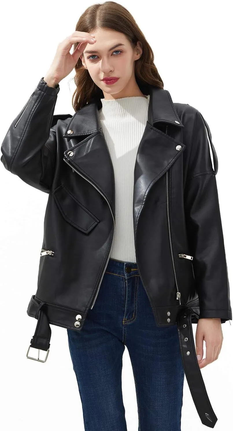 LY VAREY LIN Women Black Faux Leather Jackets Zipper Casual Short Coat Turn-down Collar Motor Biker Jacket with Belt
