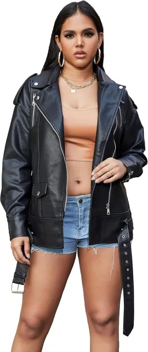 LY VAREY LIN Women Black Faux Leather Jackets Zipper Casual Short Coat Turn-down Collar Motor Biker Jacket with Belt