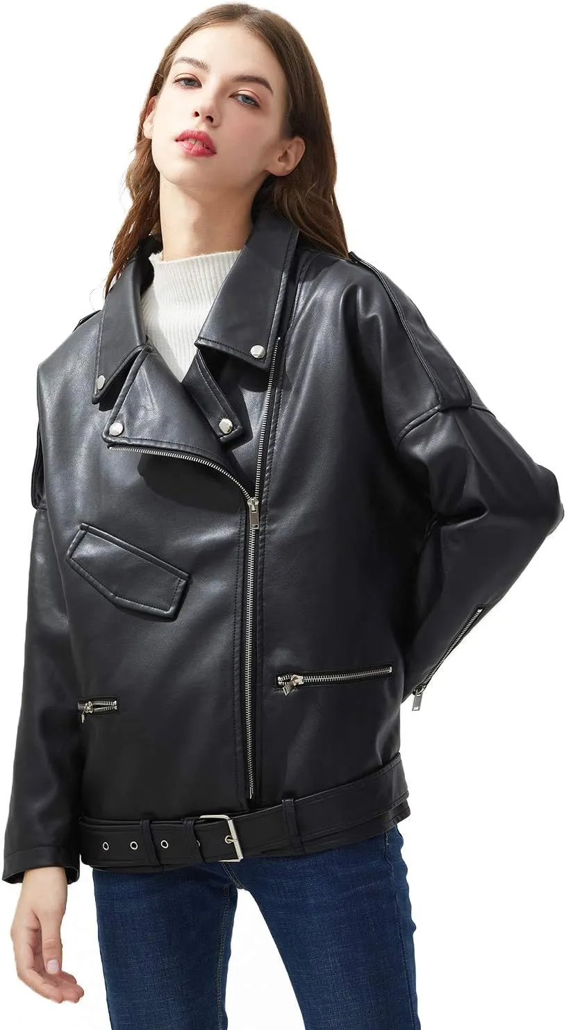 LY VAREY LIN Women Black Faux Leather Jackets Zipper Casual Short Coat Turn-down Collar Motor Biker Jacket with Belt