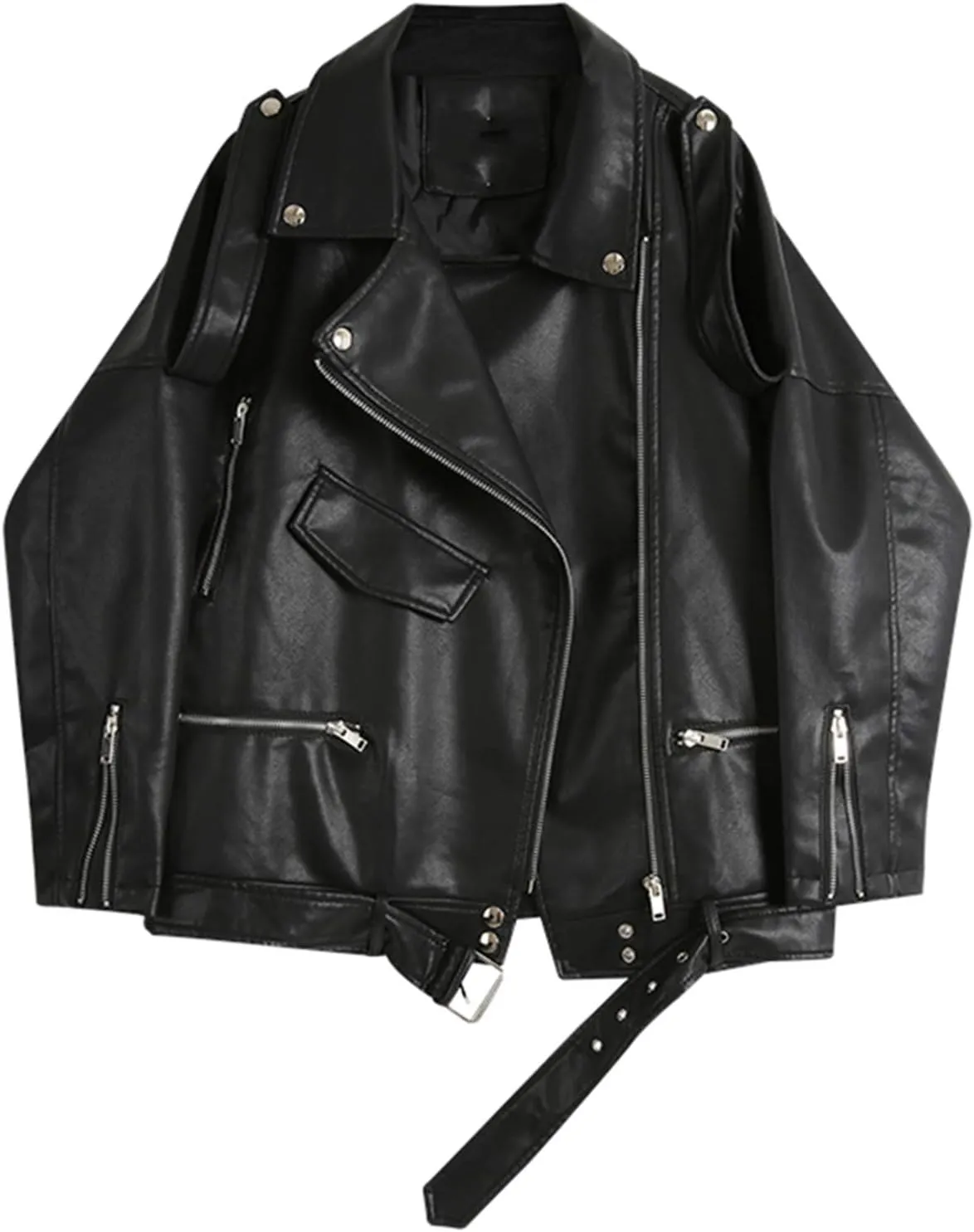 LY VAREY LIN Women Black Faux Leather Jackets Zipper Casual Short Coat Turn-down Collar Motor Biker Jacket with Belt