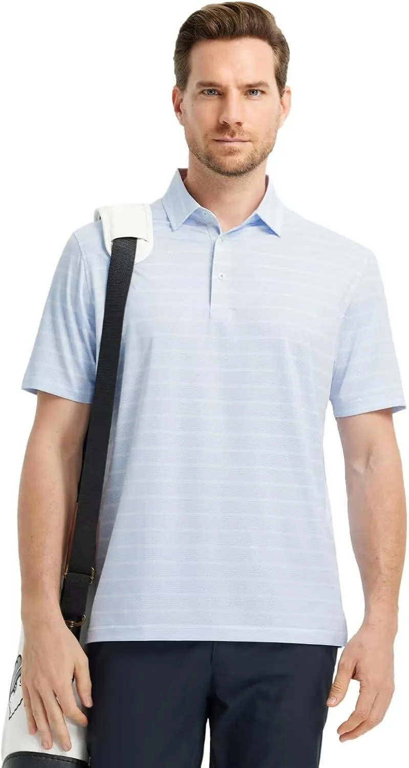 M MAELREG Men's Golf Shirts Moisture Wicking Dry Fit Lightweight Performance Short Sleeve Jacquard Striped Polo Shirts