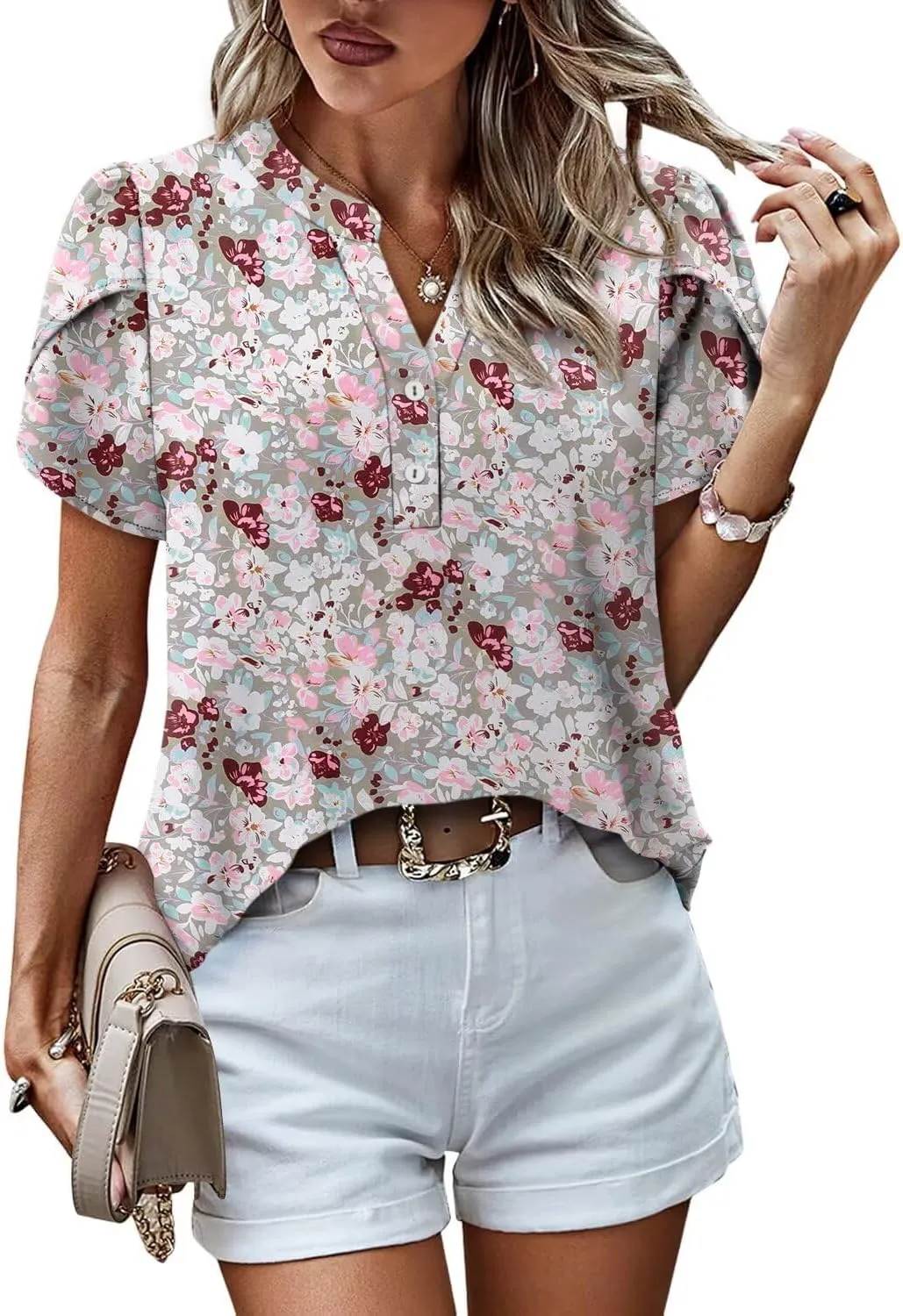 Magritta Womens Tops Dressy Casual Short Sleeve Pleated Tshirt 2025 Summer Loose Fitting Blouse Fashion V Neck Business Shirt