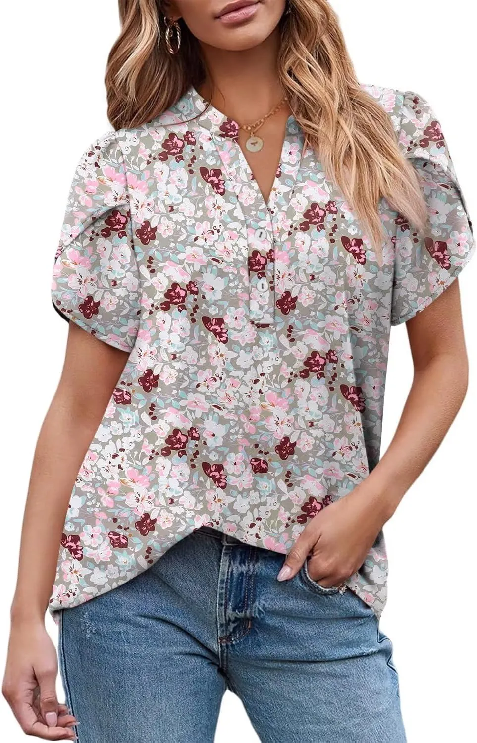 Magritta Womens Tops Dressy Casual Short Sleeve Pleated Tshirt 2025 Summer Loose Fitting Blouse Fashion V Neck Business Shirt