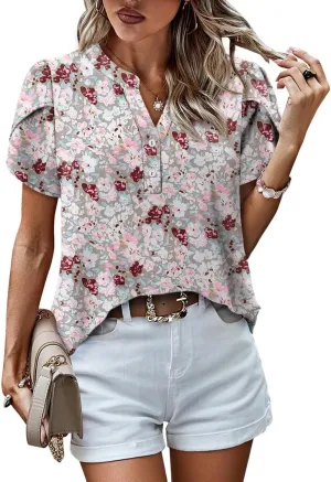 Magritta Womens Tops Dressy Casual Short Sleeve Pleated Tshirt 2025 Summer Loose Fitting Blouse Fashion V Neck Business Shirt