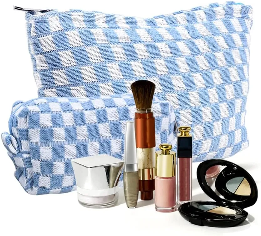 Make Up Bag College Pouch Checkered Bag Blue Makeup Bag Set, Aesthetic Preppy Makeup Bags Small Large Cosmetic Bags Checkered Makeup Pouch Travel Pouch Toiletry Organizer Bag for Purse