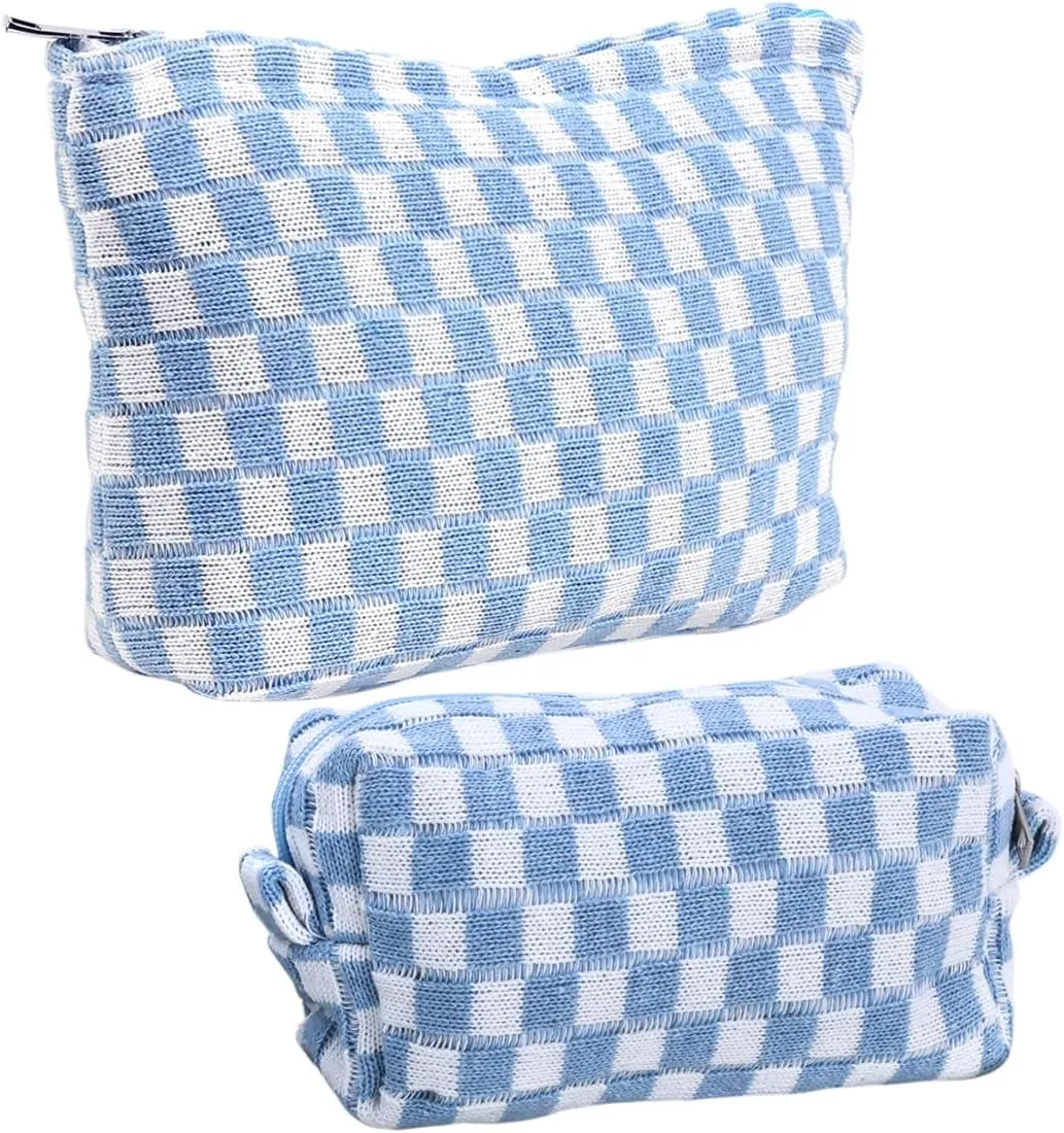 Make Up Bag College Pouch Checkered Bag Blue Makeup Bag Set, Aesthetic Preppy Makeup Bags Small Large Cosmetic Bags Checkered Makeup Pouch Travel Pouch Toiletry Organizer Bag for Purse