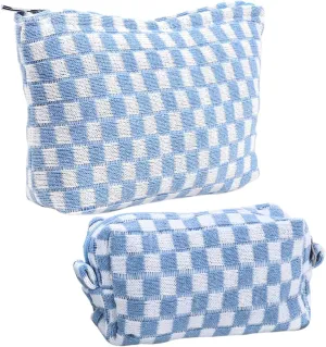 Make Up Bag College Pouch Checkered Bag Blue Makeup Bag Set, Aesthetic Preppy Makeup Bags Small Large Cosmetic Bags Checkered Makeup Pouch Travel Pouch Toiletry Organizer Bag for Purse