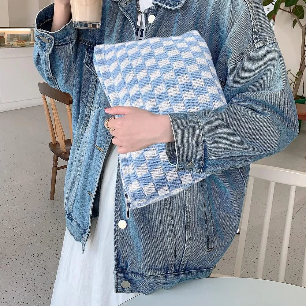 Make Up Bag College Pouch Checkered Bag Blue Makeup Bag Set, Aesthetic Preppy Makeup Bags Small Large Cosmetic Bags Checkered Makeup Pouch Travel Pouch Toiletry Organizer Bag for Purse