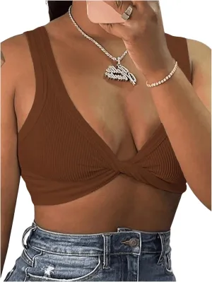 MakeMeChic Women's Crop Tank Top Ribbed Twist Front Sexy Cute Going Out Tops