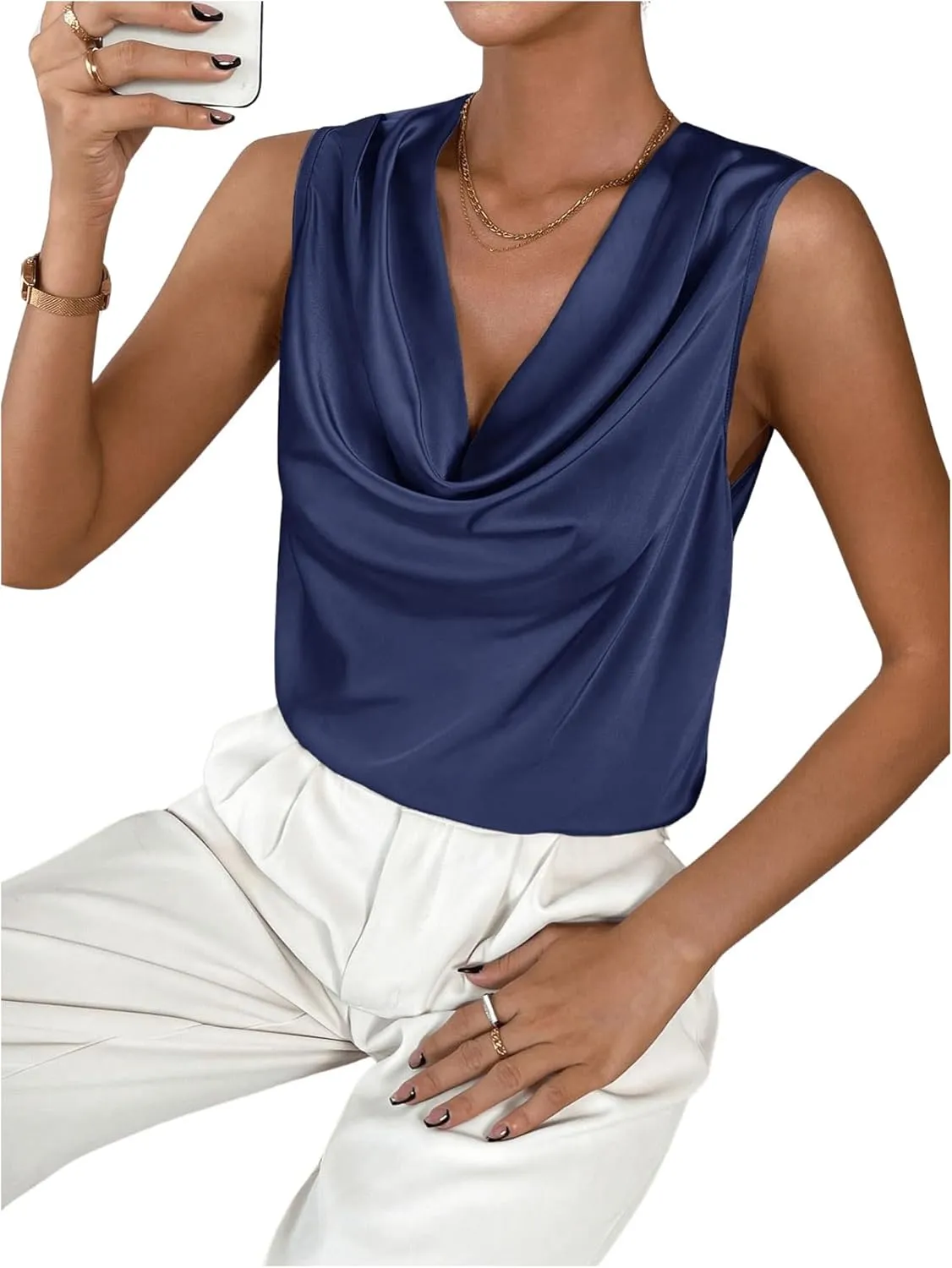 MakeMeChic Women's Satin Silk Tank Tops Cowl Neck Sleeveless Camisole Tops Dressy Shirts