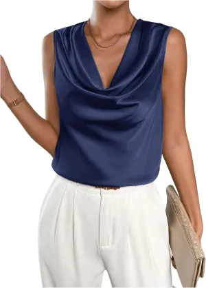 MakeMeChic Women's Satin Silk Tank Tops Cowl Neck Sleeveless Camisole Tops Dressy Shirts