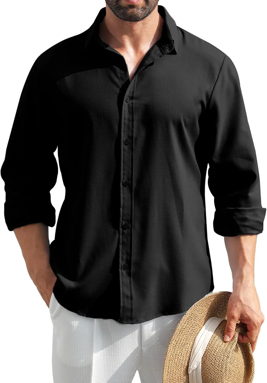 MAPICK Men's Linen Shirt Long Sleeve Button Down Casual Shirts Untucked Dress Shirts Beach Vacation Fall Tops