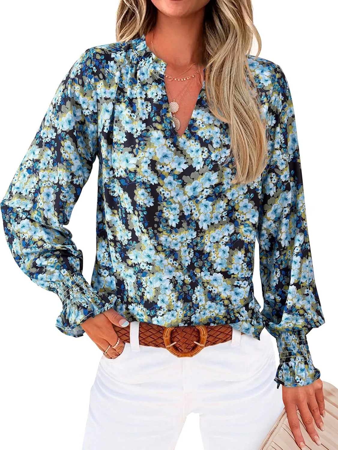 MASCOMODA Womens V Neck Floral Long Sleeve Tops 2025 Summer Casual Loose Puff Sleeve Chiffon Boho Work Blouse Dressy T Shirts