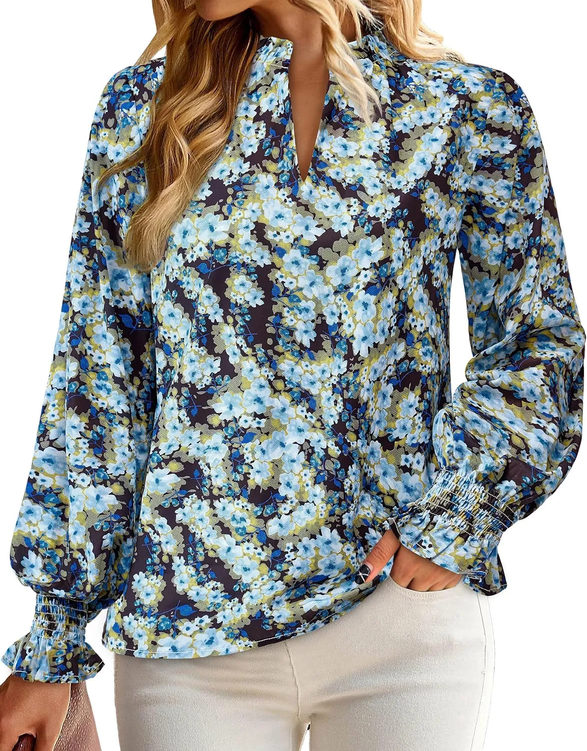 MASCOMODA Womens V Neck Floral Long Sleeve Tops 2025 Summer Casual Loose Puff Sleeve Chiffon Boho Work Blouse Dressy T Shirts