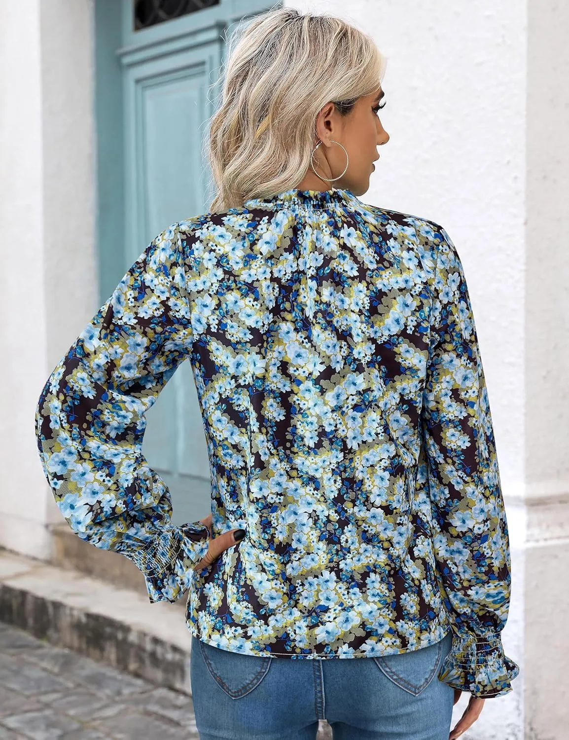 MASCOMODA Womens V Neck Floral Long Sleeve Tops 2025 Summer Casual Loose Puff Sleeve Chiffon Boho Work Blouse Dressy T Shirts