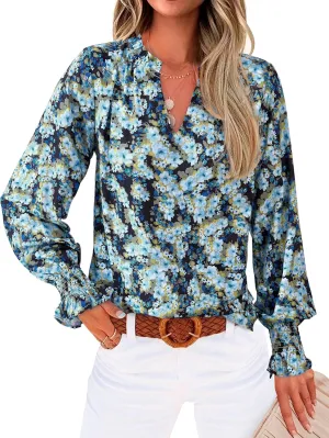 MASCOMODA Womens V Neck Floral Long Sleeve Tops 2025 Summer Casual Loose Puff Sleeve Chiffon Boho Work Blouse Dressy T Shirts