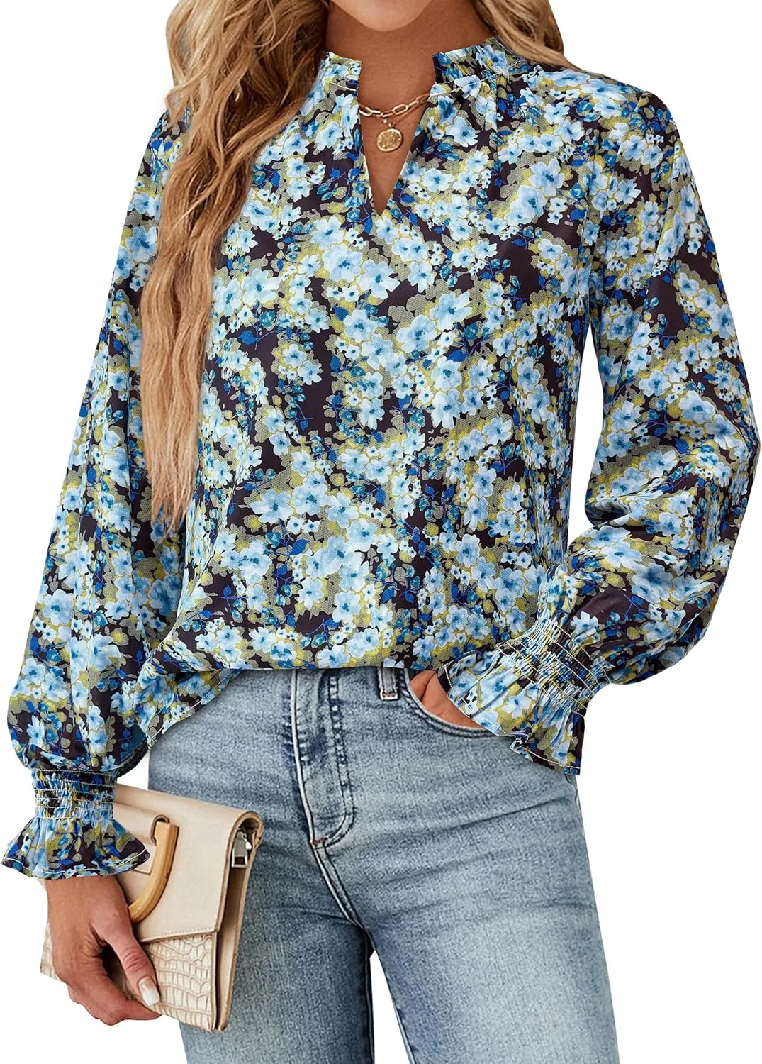 MASCOMODA Womens V Neck Floral Long Sleeve Tops 2025 Summer Casual Loose Puff Sleeve Chiffon Boho Work Blouse Dressy T Shirts
