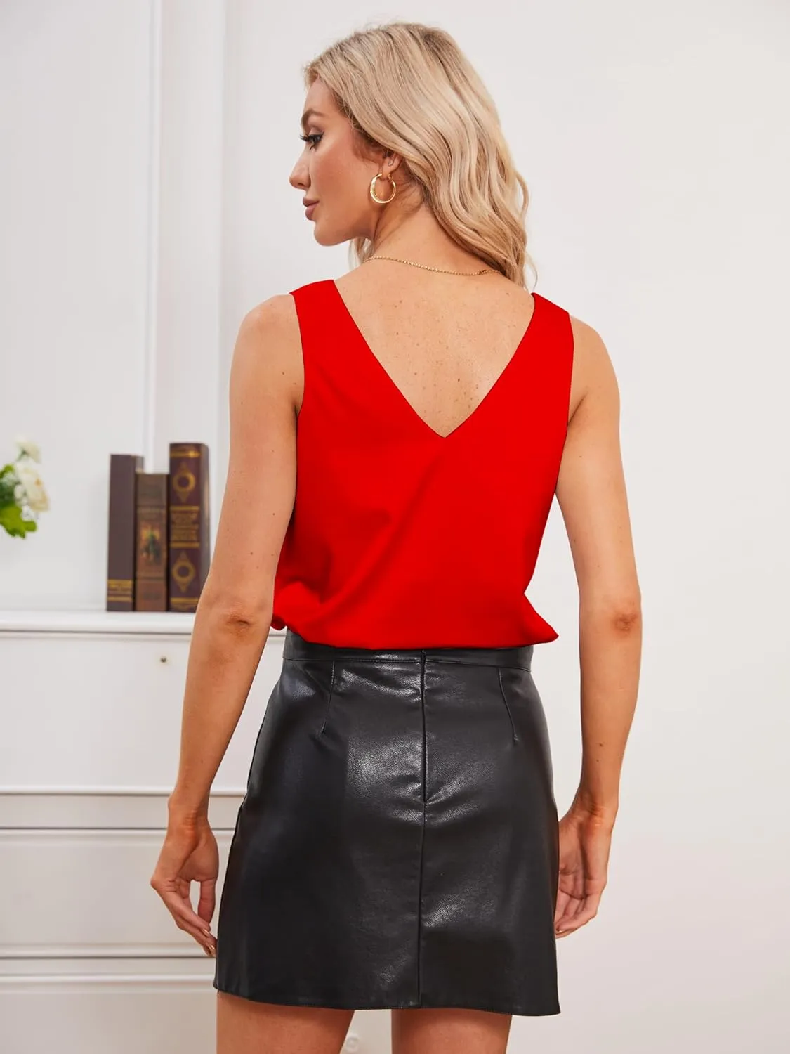 Mawor Satin Tank Tops for Women Loose Fit Sleeveless V Neck Cami Camisole Blouses Shirt Top